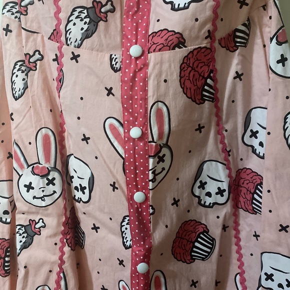 Sourpuss Pink Tie Halter Dress with Bunny and Skull Motif - Picture 2 of 4